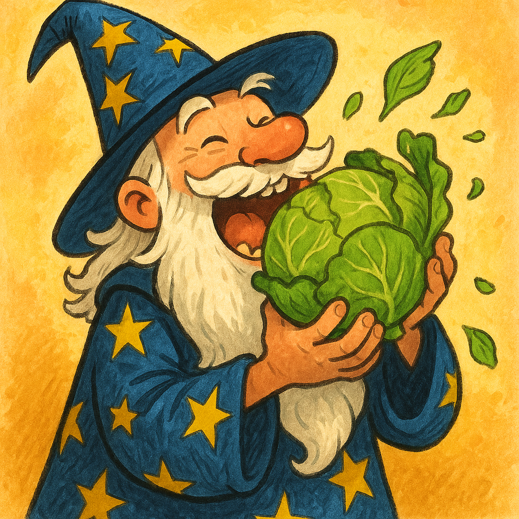 A joyful cartoon wizard in a starry blue robe taking a huge bite out of a whole green cabbage, leaves flying everywhere